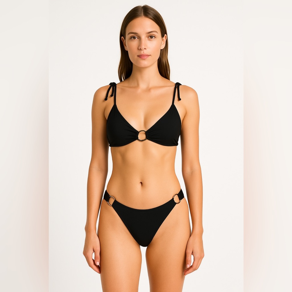 Emme Jordan Black Bikini Set Ring Detail Tie‎ Straps Swimsuit small size